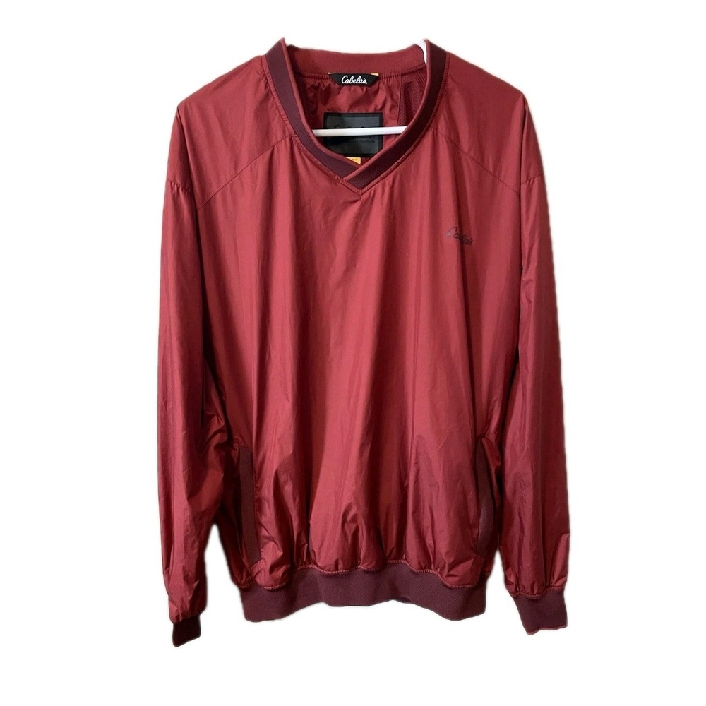 Cabelas Windbreaker Maroon Size L Tall V-Neck Lined Elastic Cuffs and Bottom.